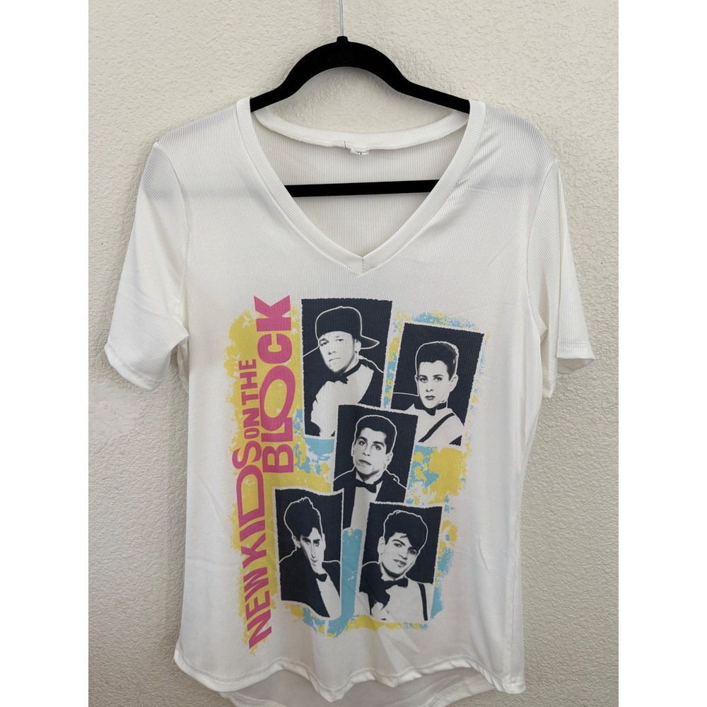 New Kids on the Block NKOTB Graphic Ribbed V-Neck T-Shirt White Womens XL